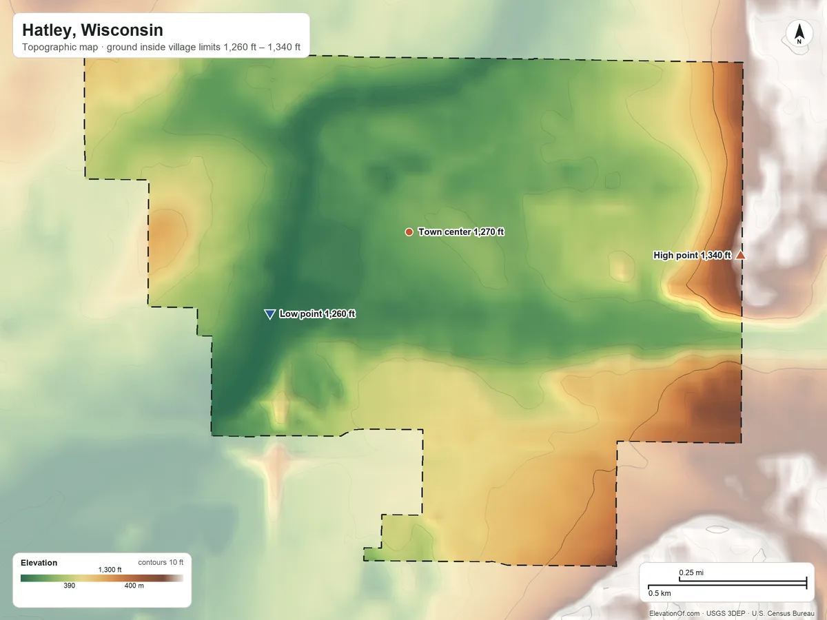 Topographic elevation map of Hatley, Wisconsin, shaded from 1,260 ft on the southwest side to 1,340 ft on the east side
