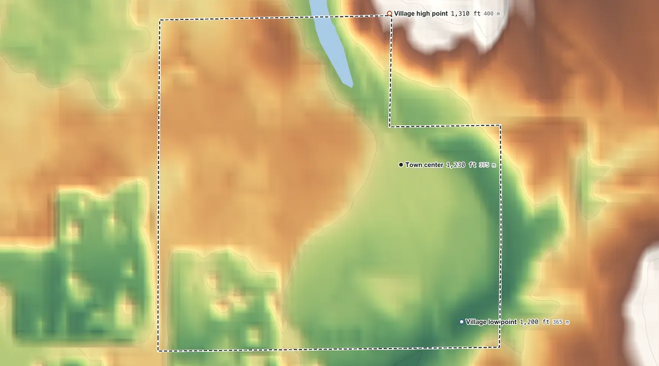 Topographic elevation map of Haugen, Wisconsin, shaded from 1,200 ft on the south side to 1,310 ft on the north side