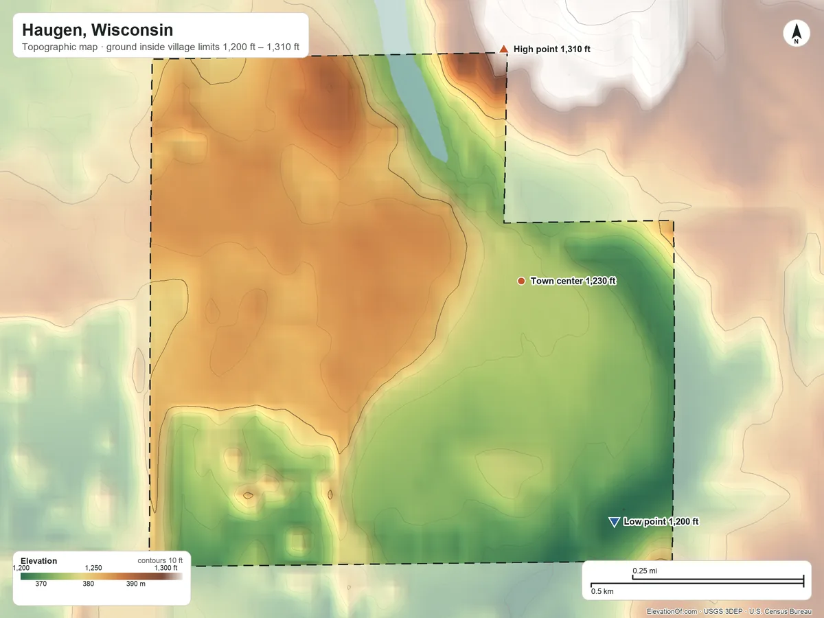 Topographic elevation map of Haugen, Wisconsin, shaded from 1,200 ft on the south side to 1,310 ft on the north side