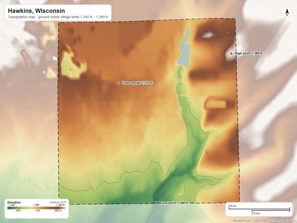 Topographic elevation map of Hawkins, Wisconsin, shaded from 1,340 ft on the south side to 1,380 ft on the east side