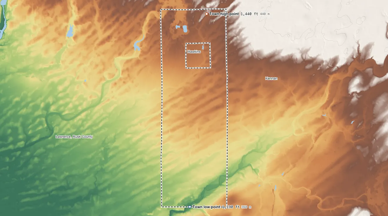Topographic elevation map of Town of Hawkins, Wisconsin, shaded from 1,190 ft on the south side to 1,440 ft on the north side