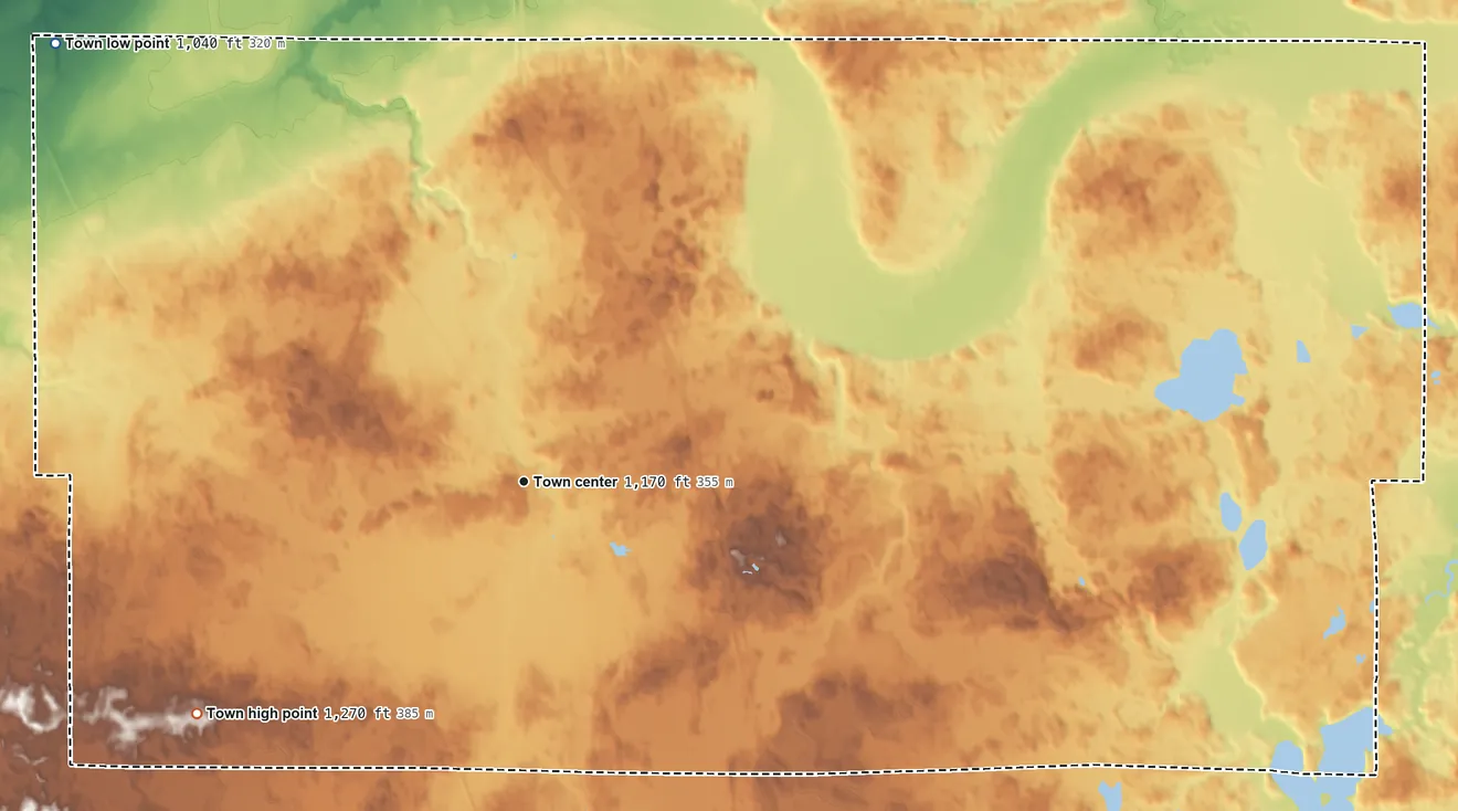 Topographic elevation map of Hawthorne, Wisconsin, shaded from 1,040 ft on the northwest side to 1,270 ft on the southwest side