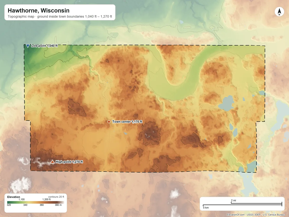 Topographic elevation map of Hawthorne, Wisconsin, shaded from 1,040 ft on the northwest side to 1,270 ft on the southwest side