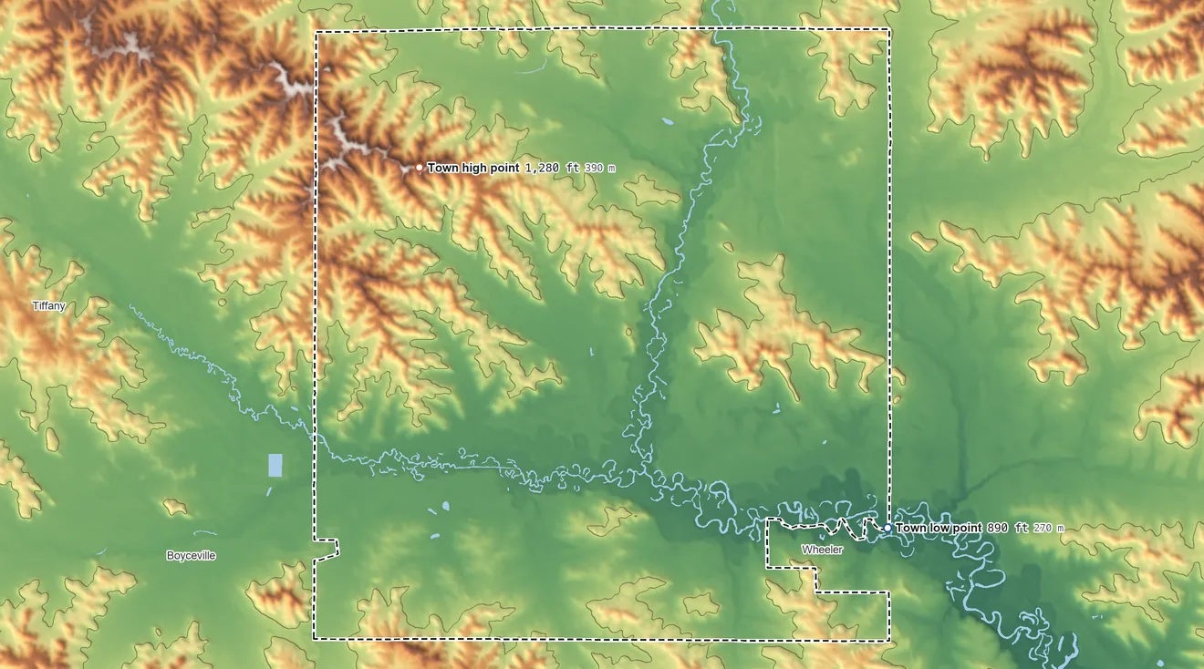 Topographic elevation map of Hay River, Wisconsin, shaded from 890 ft on the east side to 1,280 ft on the northwest side