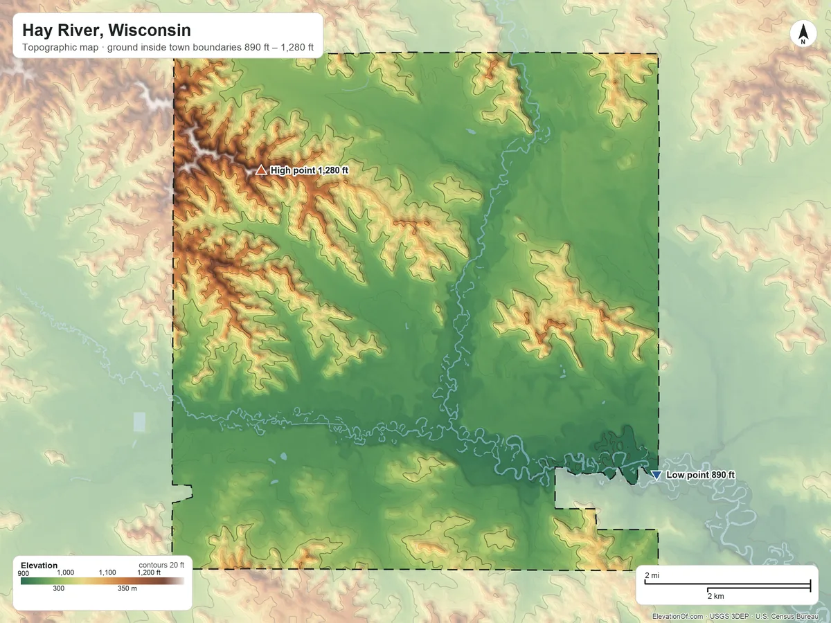 Topographic elevation map of Hay River, Wisconsin, shaded from 890 ft on the east side to 1,280 ft on the northwest side
