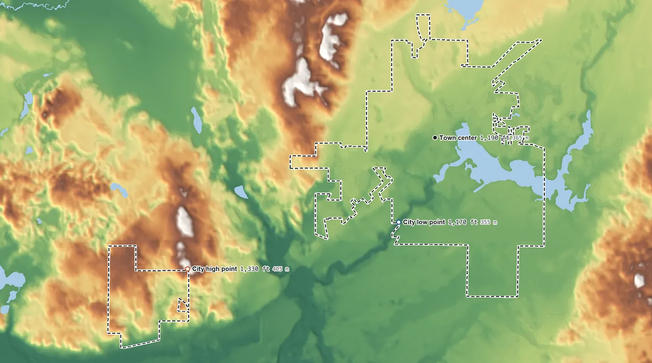 Topographic elevation map of City of Hayward, Wisconsin, shaded from 1,170 ft on the southwest side to 1,330 ft on the southwest side