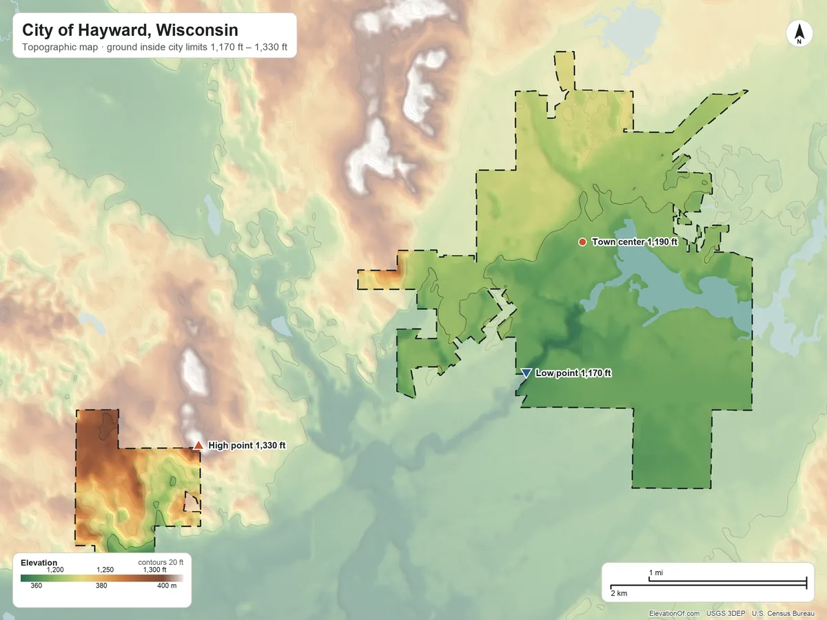 Topographic elevation map of City of Hayward, Wisconsin, shaded from 1,170 ft on the southwest side to 1,330 ft on the southwest side