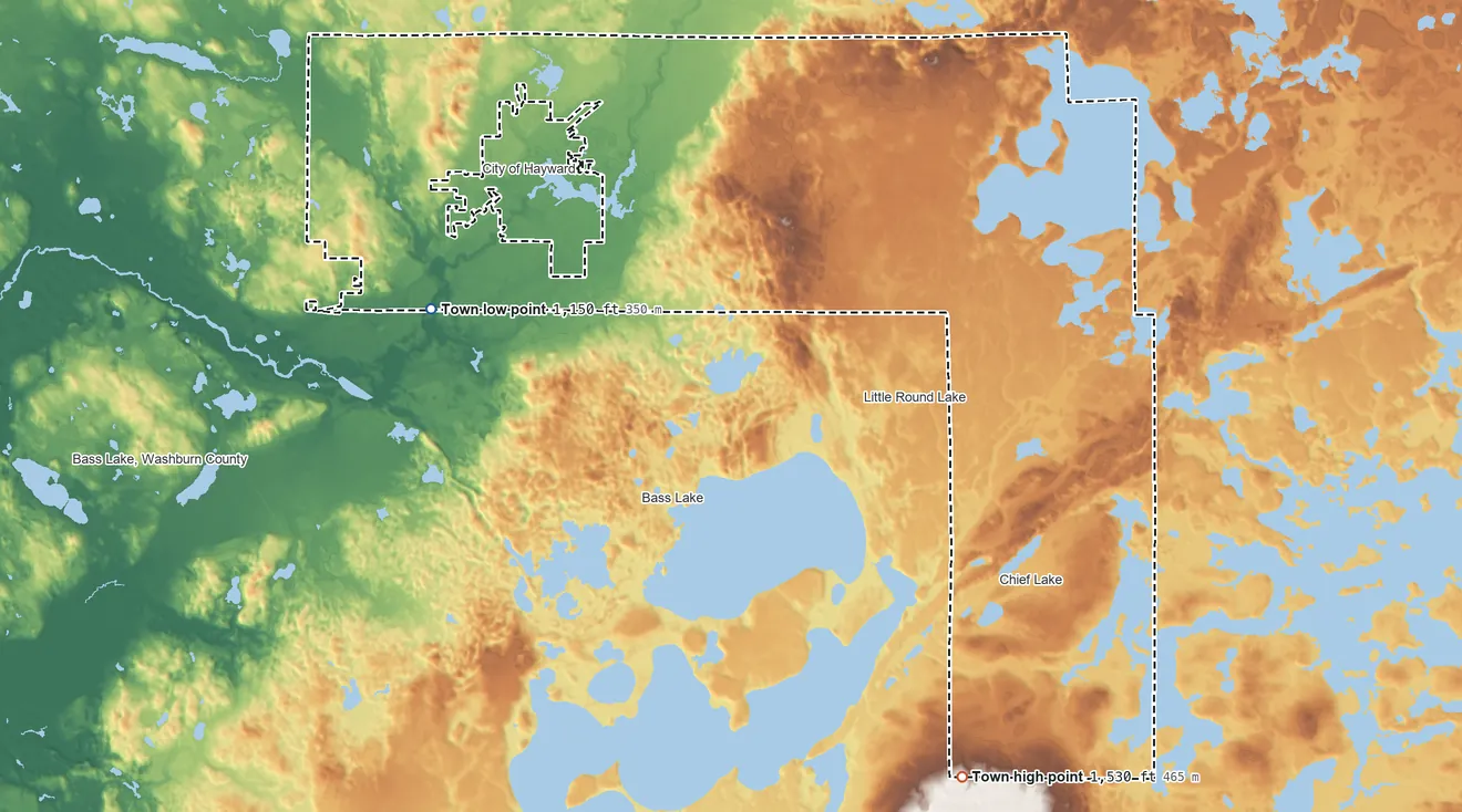 Topographic elevation map of Hayward, Wisconsin, shaded from 1,150 ft on the west side to 1,530 ft on the southeast side