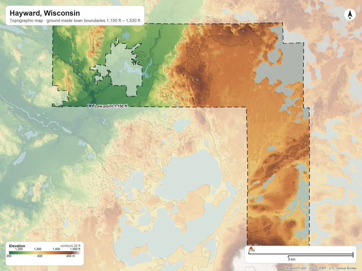 Topographic elevation map of Hayward, Wisconsin, shaded from 1,150 ft on the west side to 1,530 ft on the southeast side
