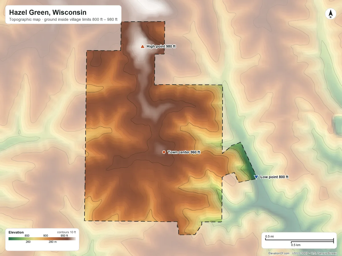 Topographic elevation map of Hazel Green, Wisconsin, shaded from 800 ft on the east side to 980 ft on the north side