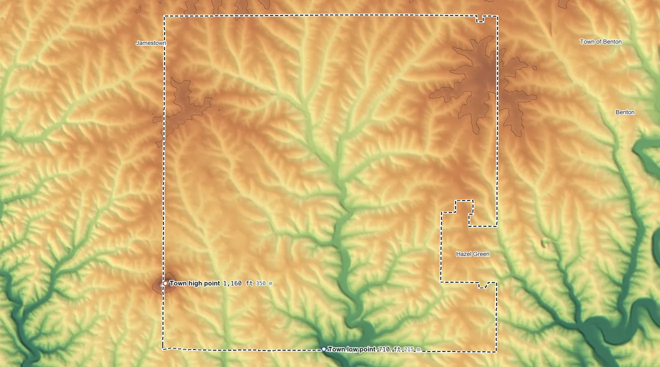 Topographic elevation map of Town of Hazel Green, Wisconsin, shaded from 710 ft on the south side to 1,160 ft on Sinsinawa Mound