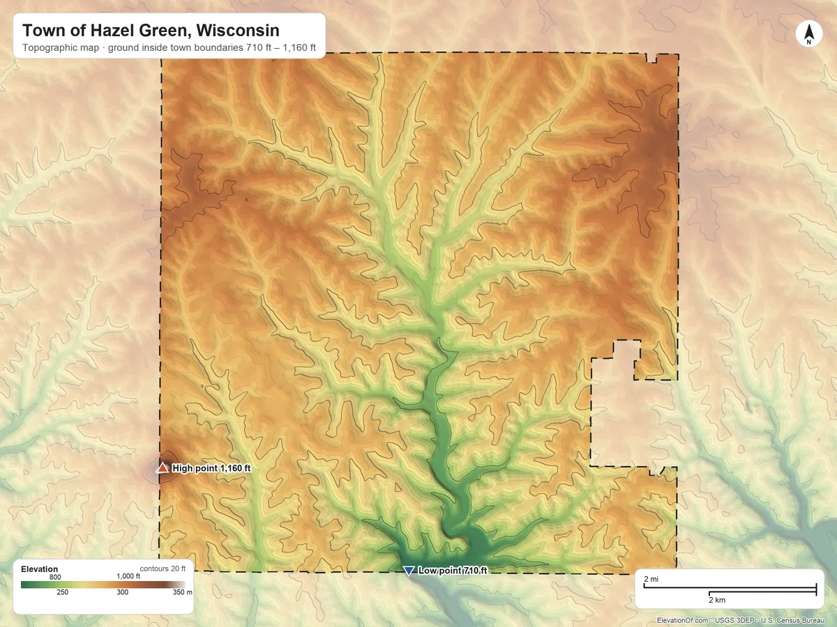 Topographic elevation map of Town of Hazel Green, Wisconsin, shaded from 710 ft on the south side to 1,160 ft on Sinsinawa Mound