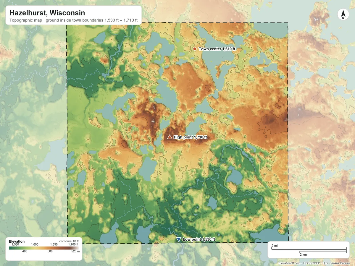 Topographic elevation map of Hazelhurst, Wisconsin, shaded from 1,530 ft on the south side to 1,710 ft on the south side