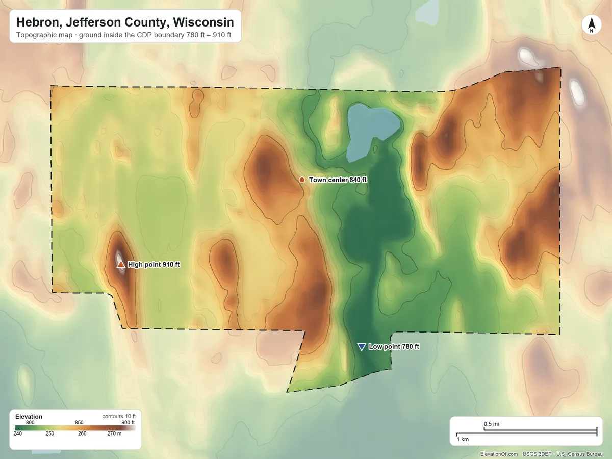 Topographic elevation map of Hebron, Jefferson County, Wisconsin, shaded from 780 ft on the south side to 910 ft on the southwest side
