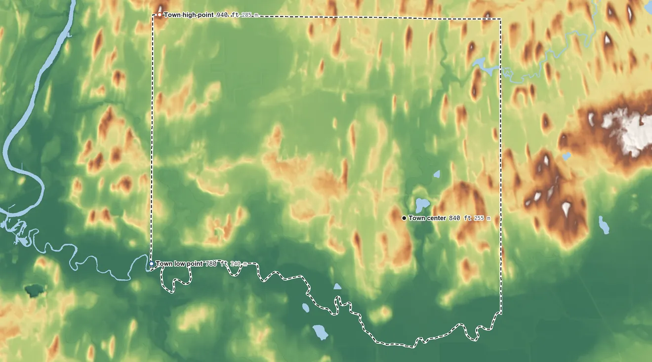 Topographic elevation map of Hebron, Wisconsin, shaded from 780 ft on the west side to 940 ft on the northwest side