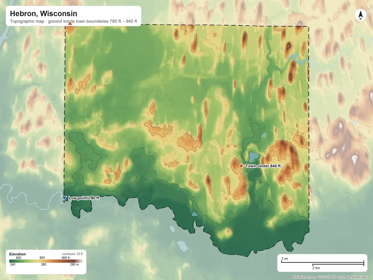 Topographic elevation map of Hebron, Wisconsin, shaded from 780 ft on the west side to 940 ft on the northwest side