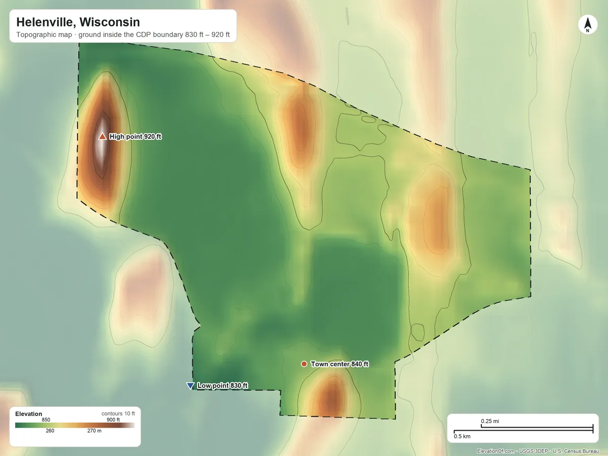 Topographic elevation map of Helenville, Wisconsin, shaded from 830 ft on the west side to 920 ft on the northwest side