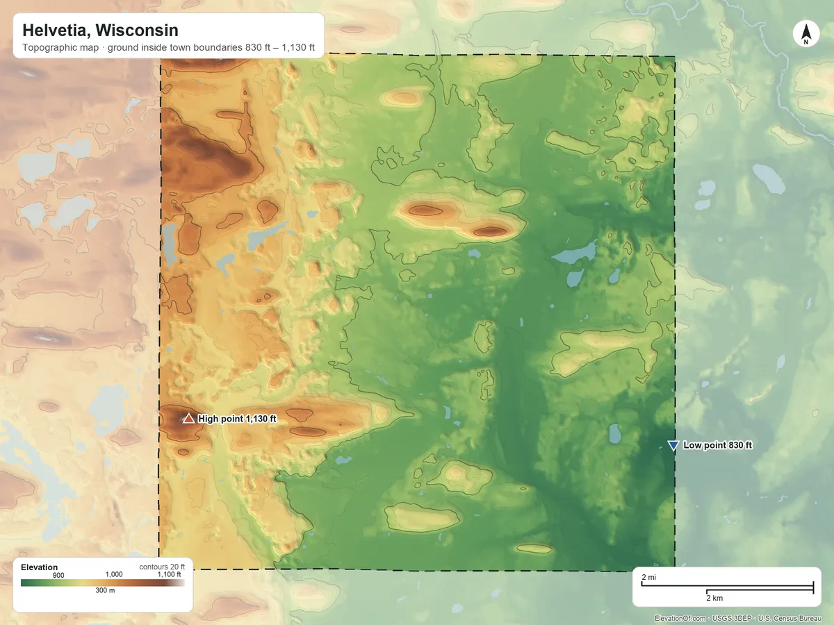 Topographic elevation map of Helvetia, Wisconsin, shaded from 830 ft on the southeast side to 1,130 ft on the southwest side