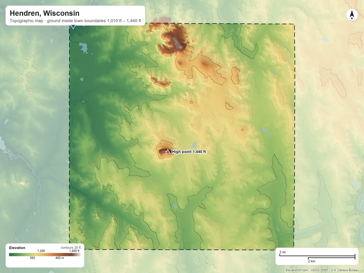 Topographic elevation map of Hendren, Wisconsin, shaded from 1,010 ft on the northwest side to 1,440 ft on South Mound