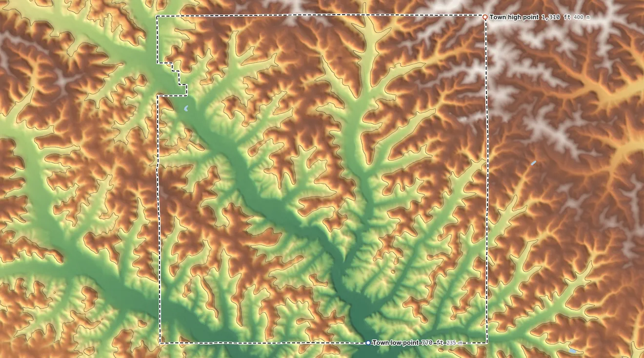 Topographic elevation map of Henrietta, Wisconsin, shaded from 770 ft on the south side to 1,310 ft on the northeast side