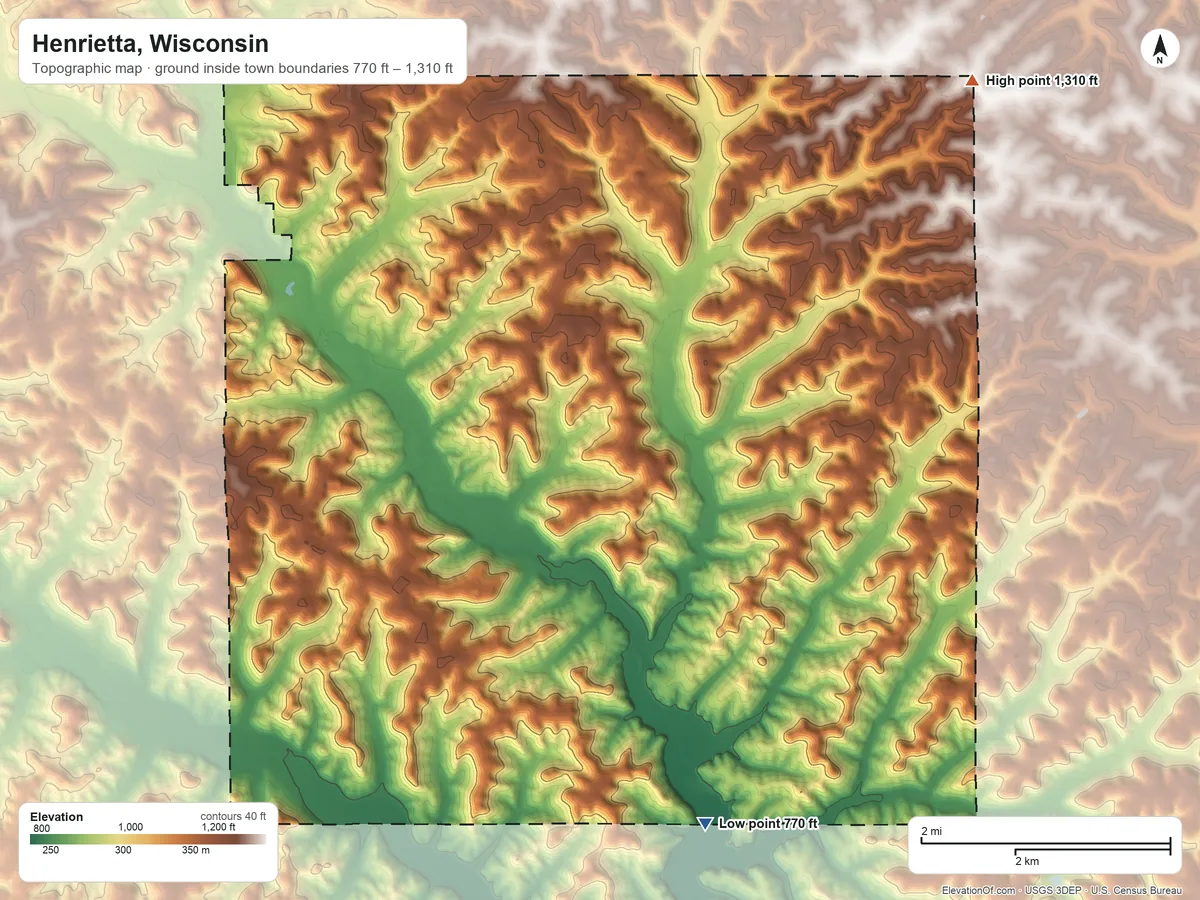 Topographic elevation map of Henrietta, Wisconsin, shaded from 770 ft on the south side to 1,310 ft on the northeast side