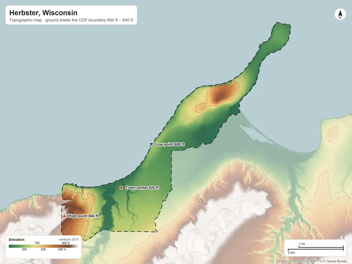 Topographic elevation map of Herbster, Wisconsin, shaded from 600 ft on the northeast side to 840 ft on the southwest side