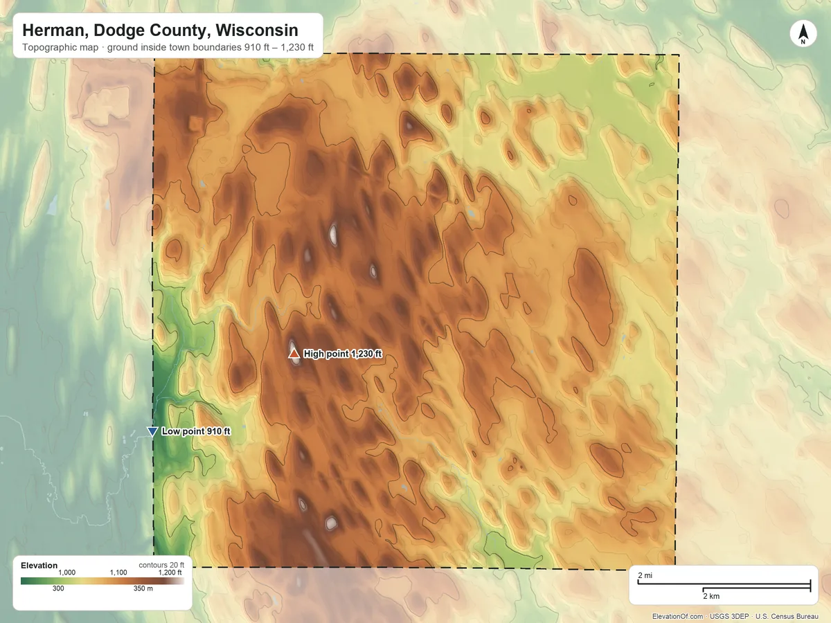 Topographic elevation map of Herman, Dodge County, Wisconsin, shaded from 910 ft on the west side to 1,230 ft on the west side