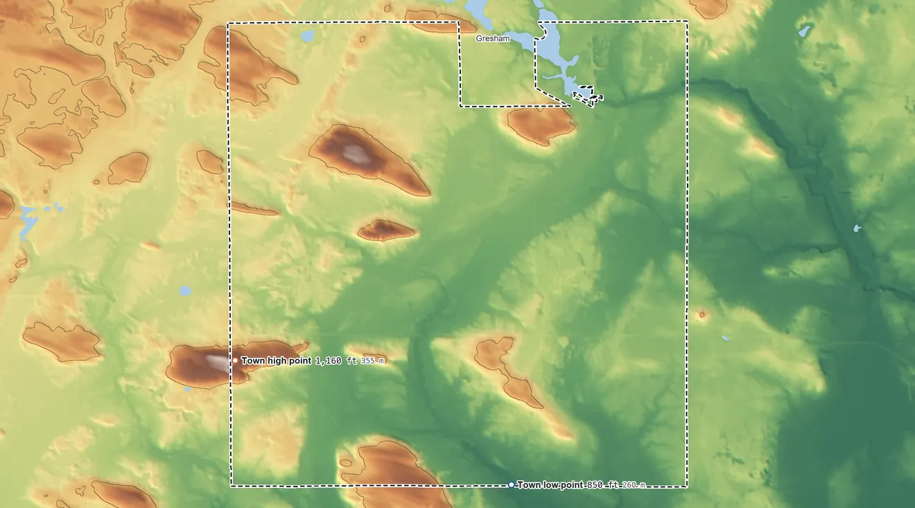 Topographic elevation map of Herman, Shawano County, Wisconsin, shaded from 850 ft on the south side to 1,160 ft on the southwest side