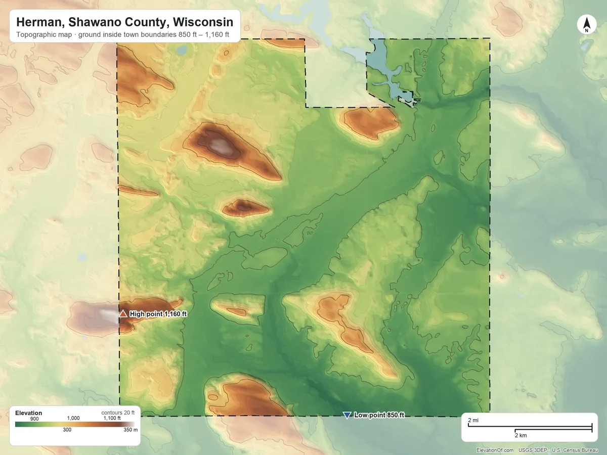 Topographic elevation map of Herman, Shawano County, Wisconsin, shaded from 850 ft on the south side to 1,160 ft on the southwest side
