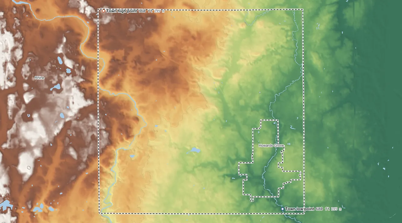 Topographic elevation map of Herman, Wisconsin, shaded from 680 ft on the southeast side to 960 ft on the northwest side