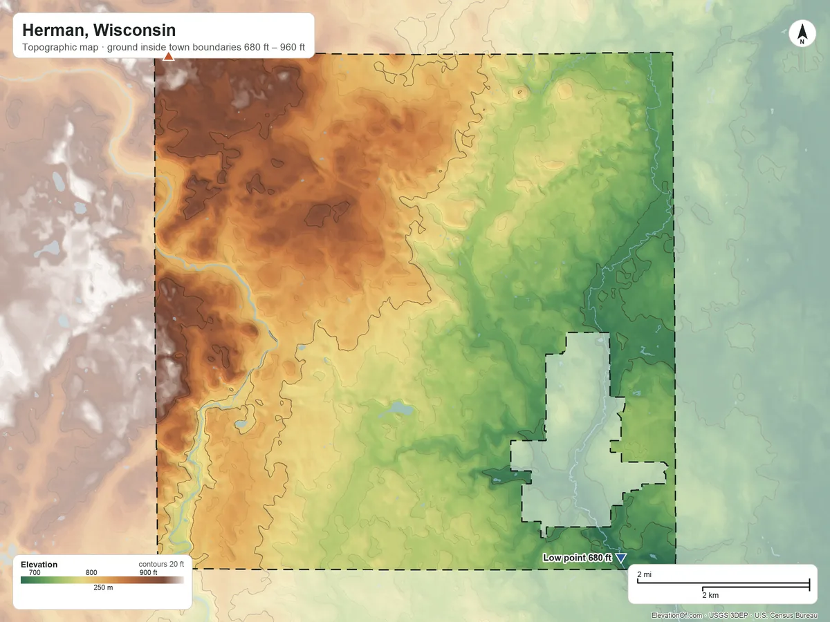 Topographic elevation map of Herman, Wisconsin, shaded from 680 ft on the southeast side to 960 ft on the northwest side