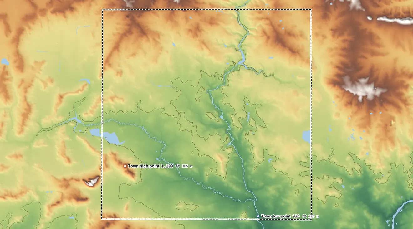 Topographic elevation map of Hewett, Wisconsin, shaded from 930 ft on the south side to 1,190 ft on the southwest side
