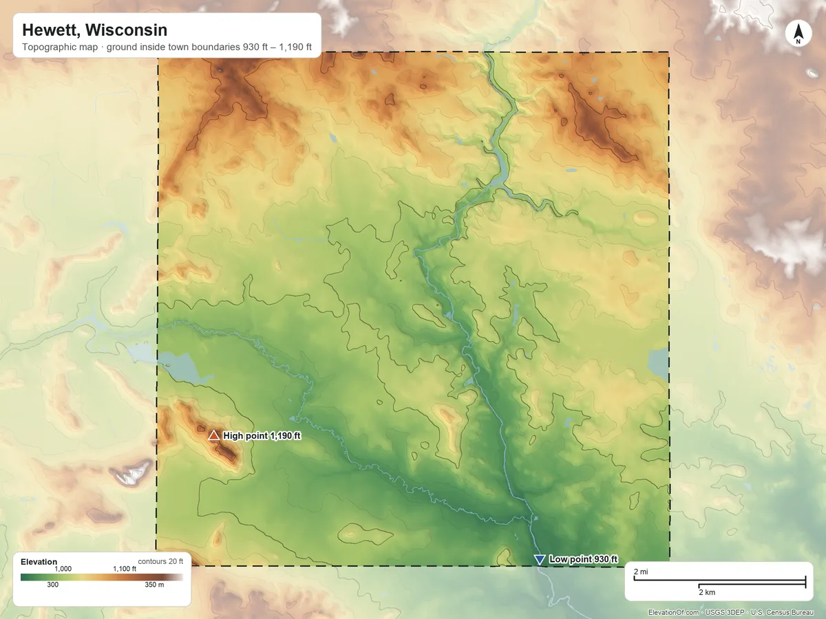 Topographic elevation map of Hewett, Wisconsin, shaded from 930 ft on the south side to 1,190 ft on the southwest side