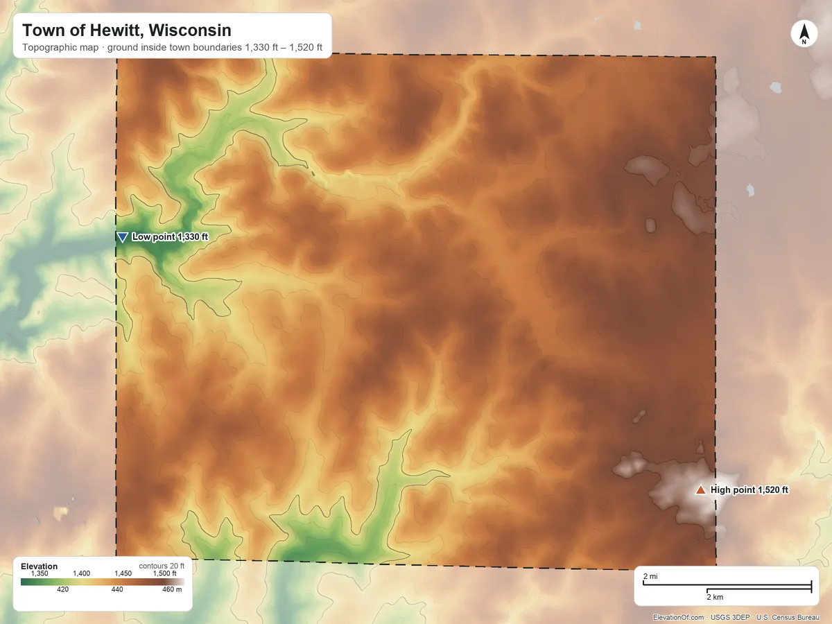 Topographic elevation map of Town of Hewitt, Wisconsin, shaded from 1,330 ft on the west side to 1,520 ft on the southeast side