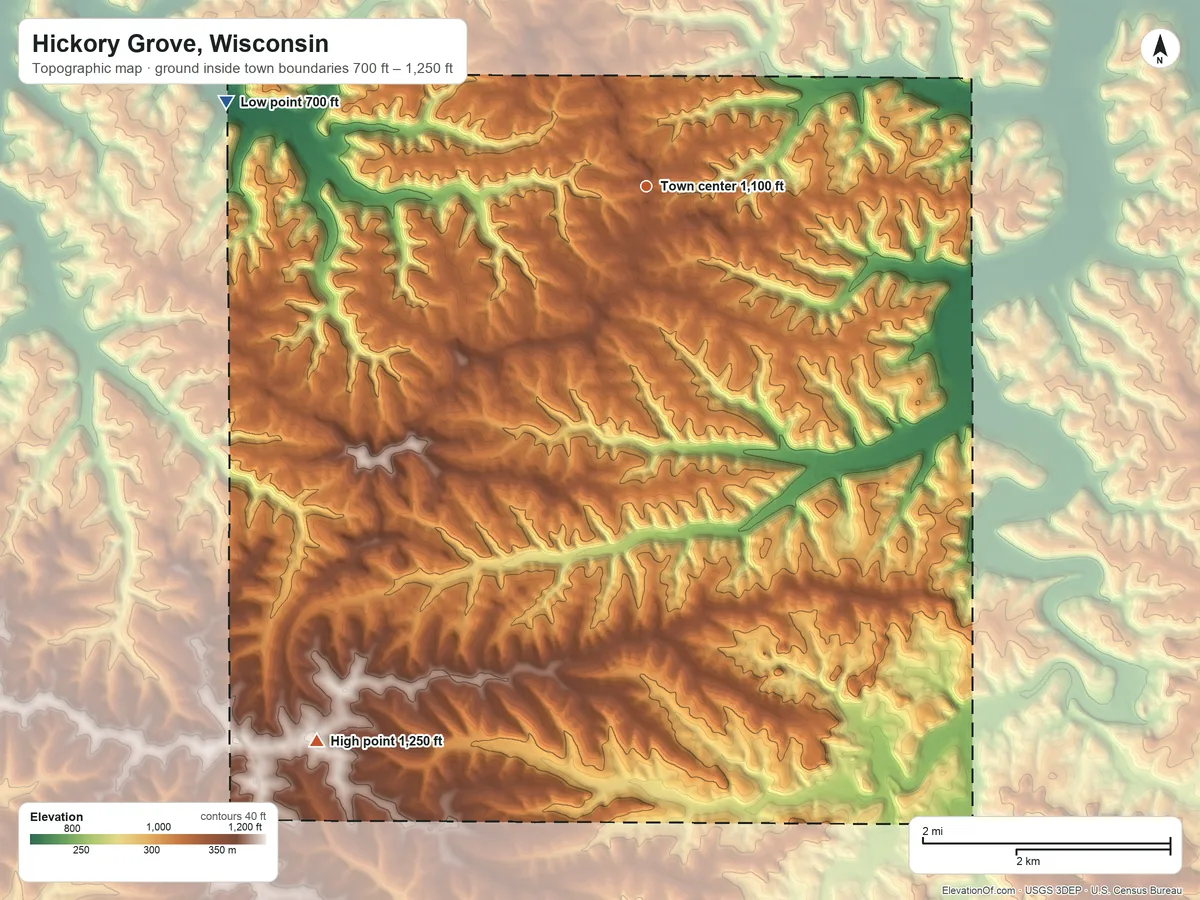 Topographic elevation map of Hickory Grove, Wisconsin, shaded from 700 ft on the west side to 1,250 ft on the southwest side