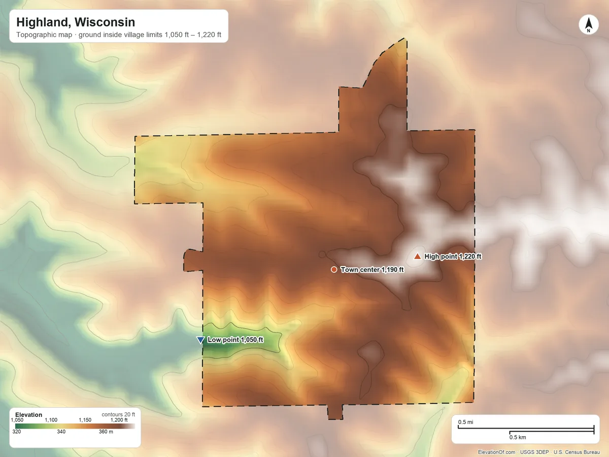 Topographic elevation map of Highland, Wisconsin, shaded from 1,050 ft on the southwest side to 1,220 ft on the east side
