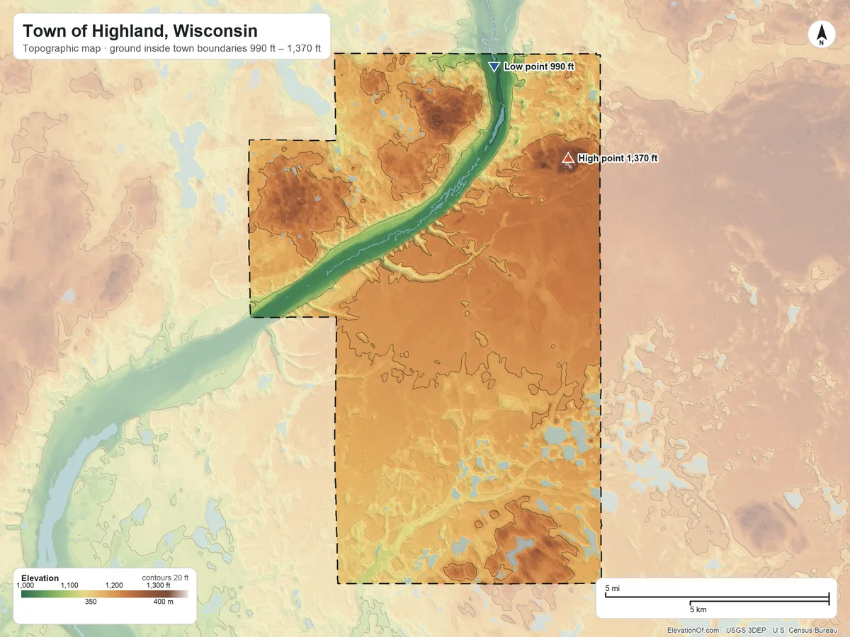 Topographic elevation map of Town of Highland, Wisconsin, shaded from 990 ft on the north side to 1,370 ft on the northeast side