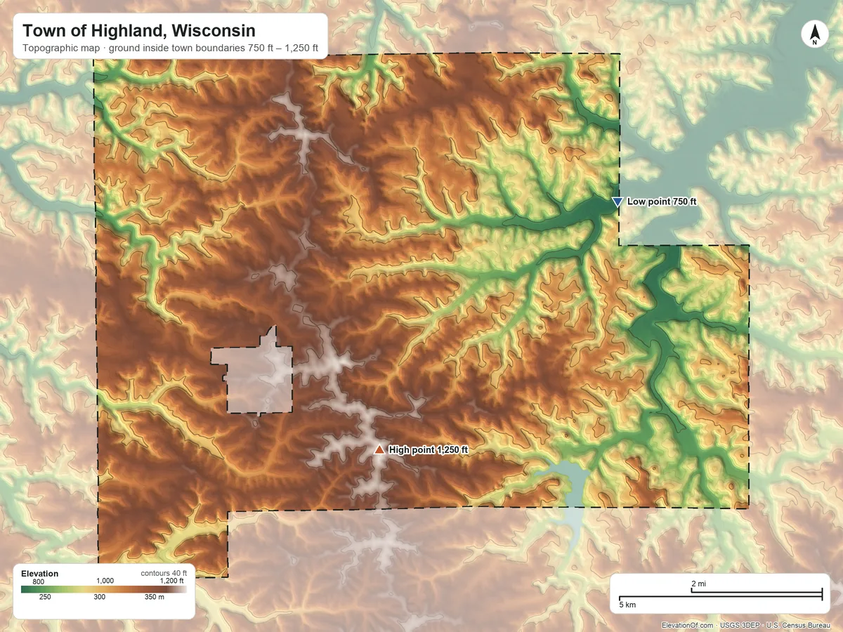 Topographic elevation map of Town of Highland, Wisconsin, shaded from 750 ft on the east side to 1,250 ft on the south side