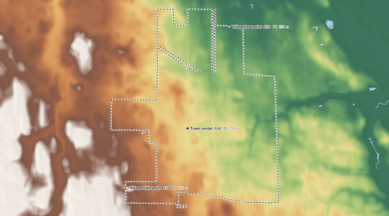 Topographic elevation map of Hilbert, Wisconsin, shaded from 820 ft on the north side to 870 ft on the southwest side