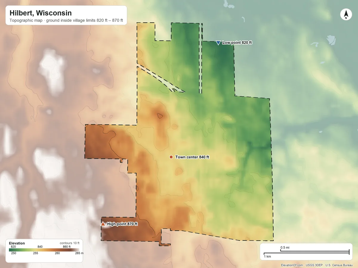 Topographic elevation map of Hilbert, Wisconsin, shaded from 820 ft on the north side to 870 ft on the southwest side