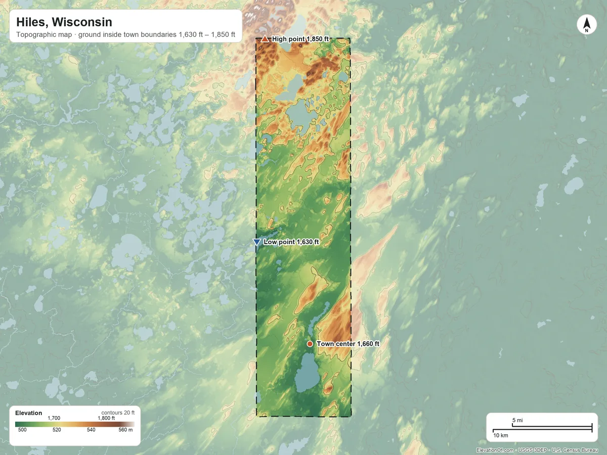Topographic elevation map of Hiles, Wisconsin, shaded from 1,630 ft on the northwest side to 1,850 ft on the north side