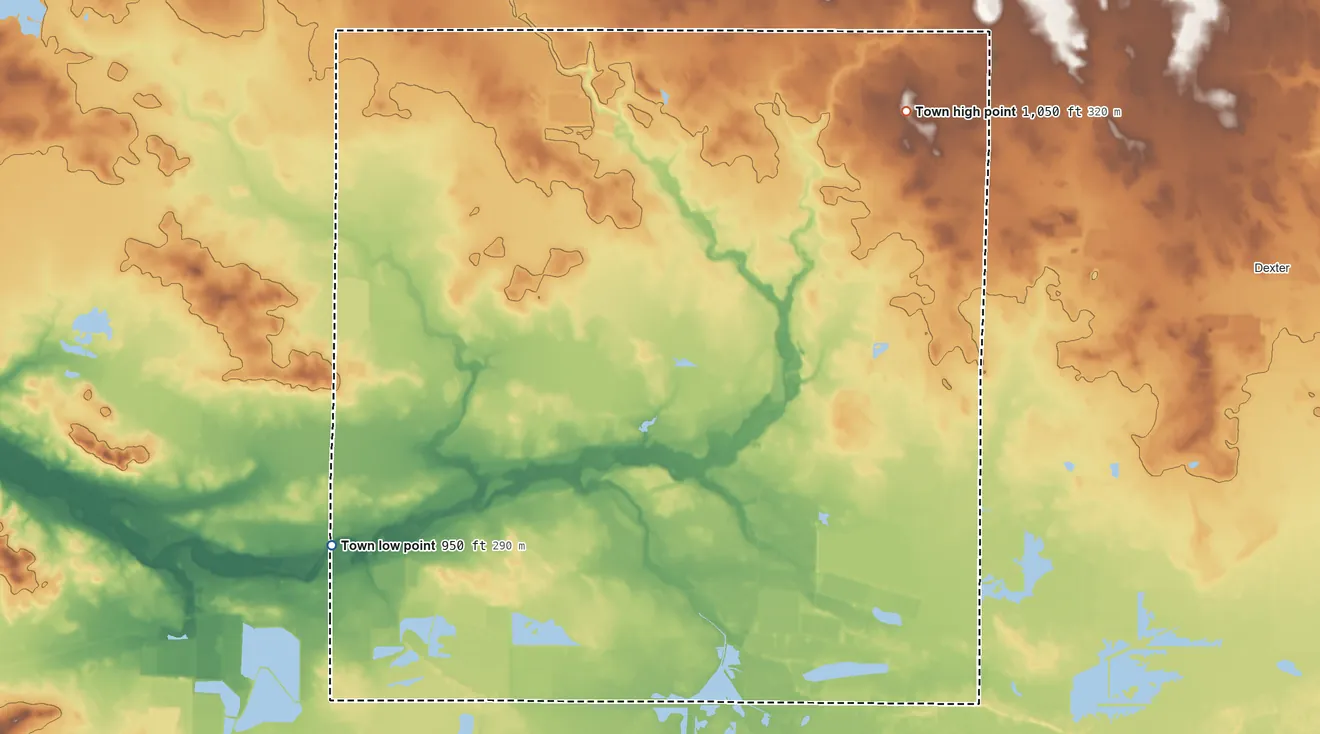 Topographic elevation map of Hiles, Wood County, Wisconsin, shaded from 950 ft on the southwest side to 1,050 ft on the northeast side