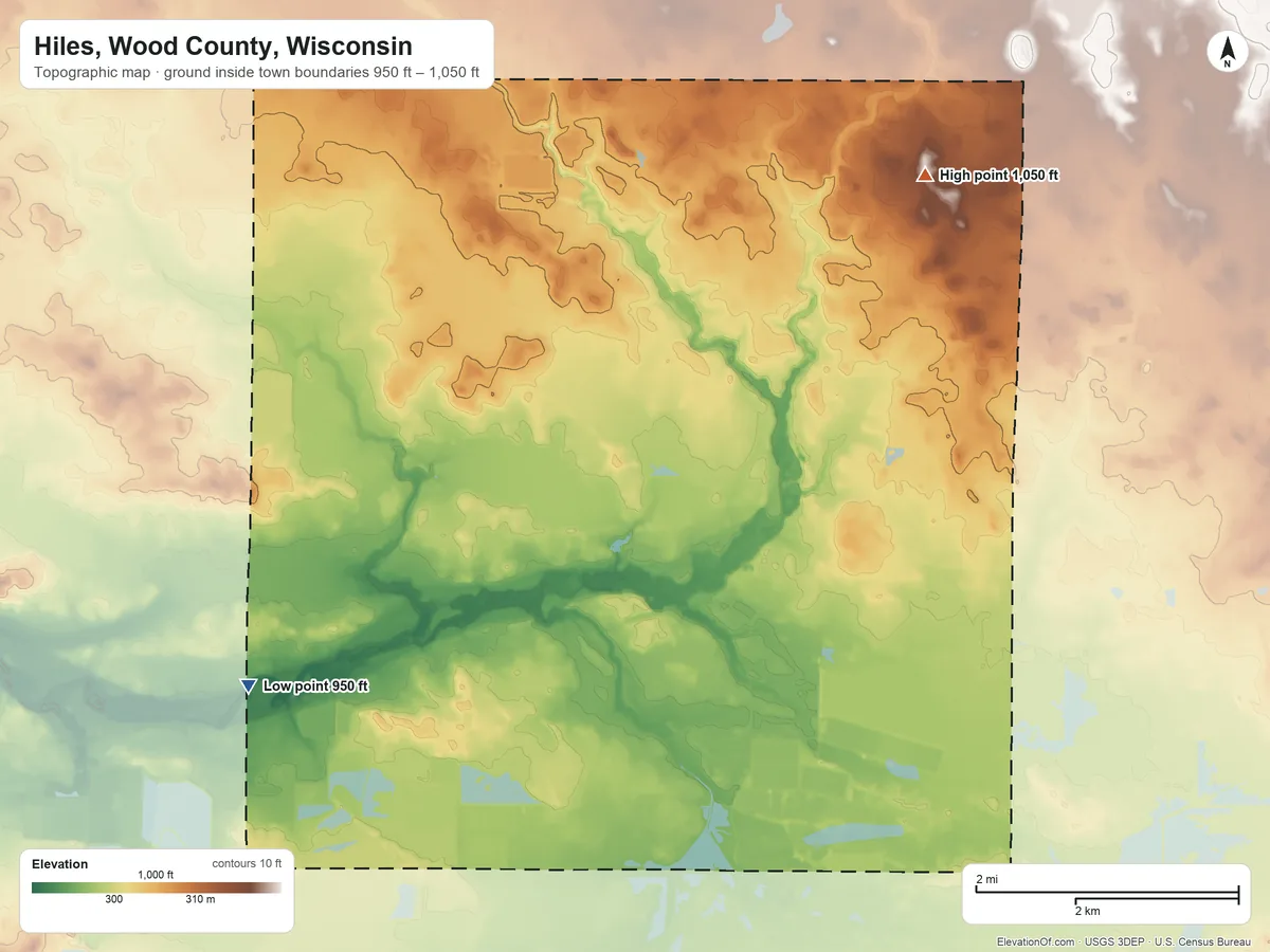 Topographic elevation map of Hiles, Wood County, Wisconsin, shaded from 950 ft on the southwest side to 1,050 ft on the northeast side