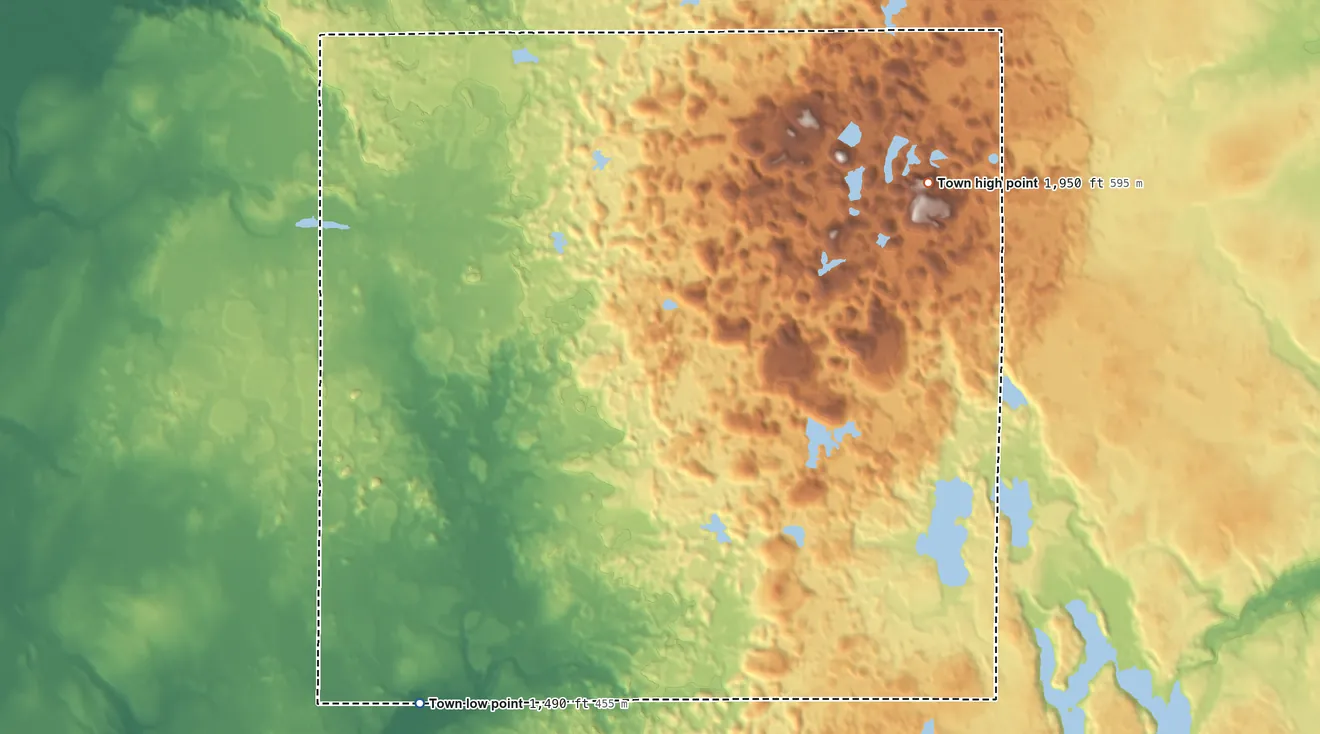 Topographic elevation map of Hill, Wisconsin, shaded from 1,490 ft on the southwest side to 1,950 ft on Pearson Hill