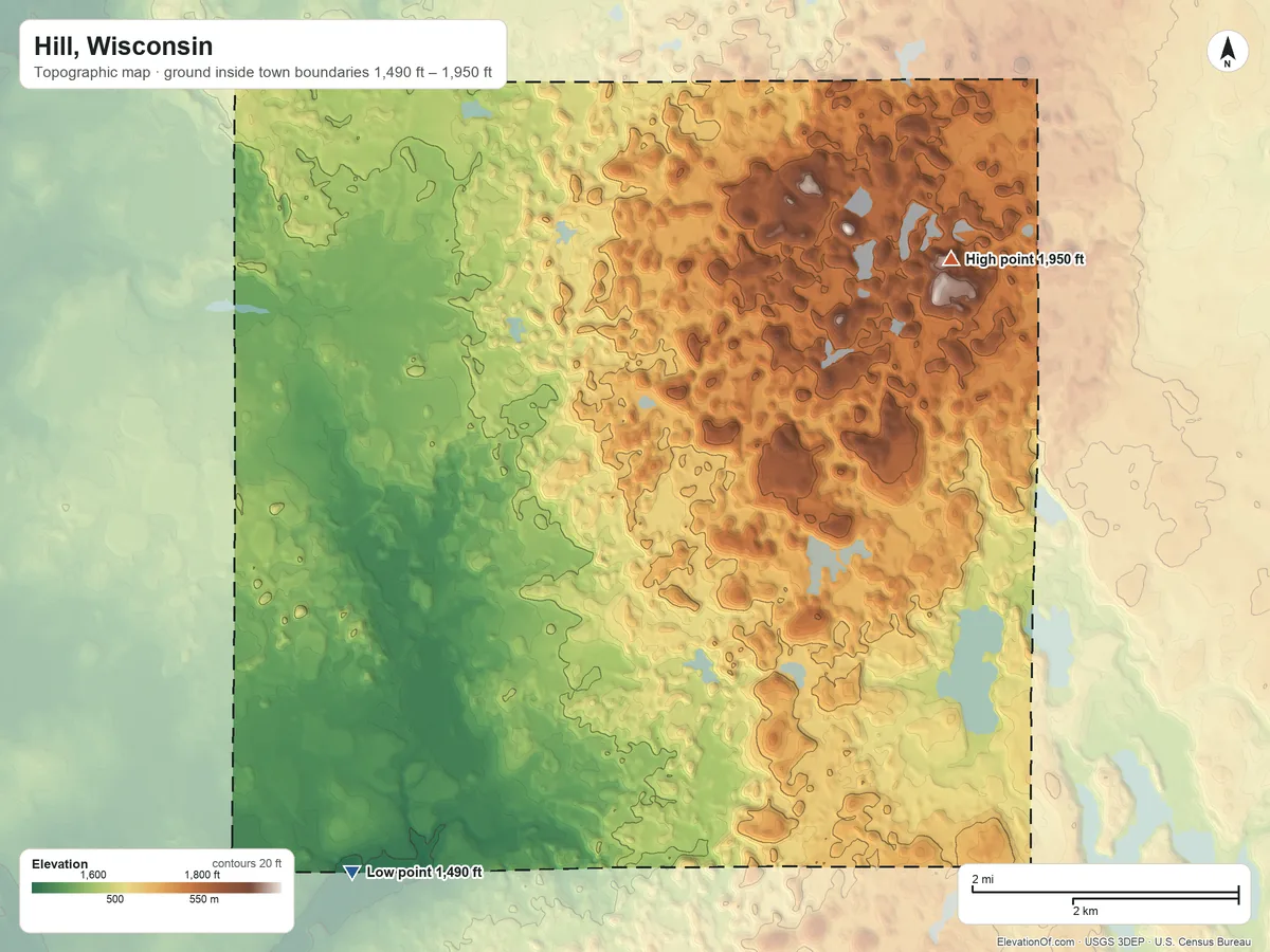 Topographic elevation map of Hill, Wisconsin, shaded from 1,490 ft on the southwest side to 1,950 ft on Pearson Hill