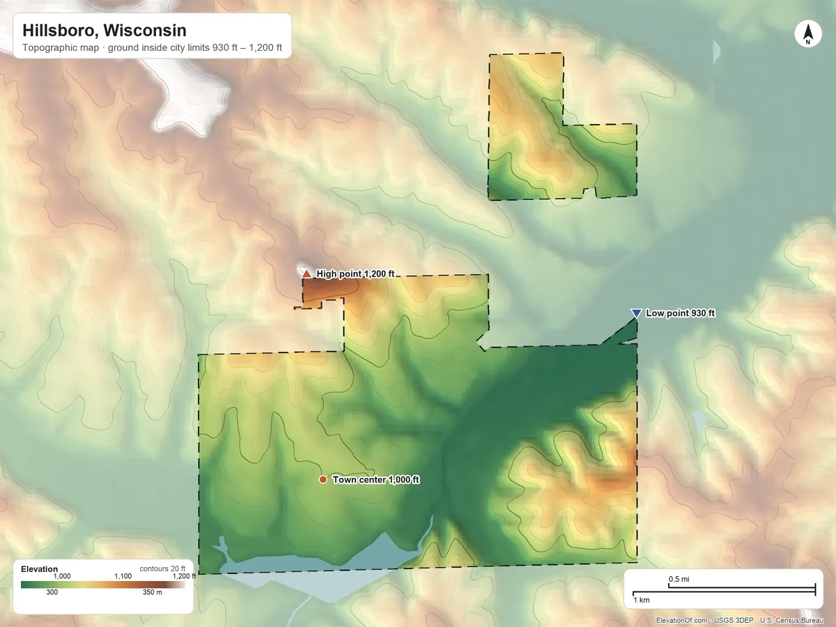 Topographic elevation map of Hillsboro, Wisconsin, shaded from 930 ft on the northeast side to 1,200 ft on the north side