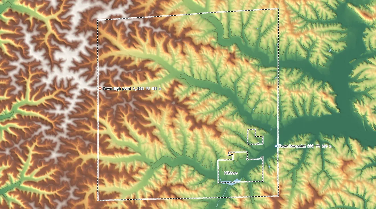 Topographic elevation map of Town of Hillsboro, Wisconsin, shaded from 930 ft on the southeast side to 1,360 ft on the west side