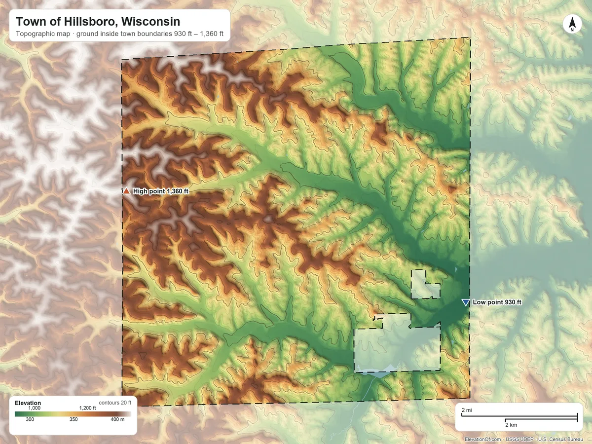 Topographic elevation map of Town of Hillsboro, Wisconsin, shaded from 930 ft on the southeast side to 1,360 ft on the west side