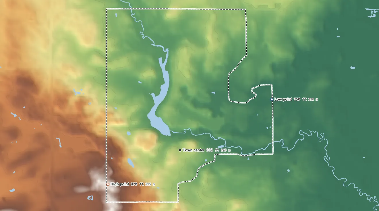 Topographic elevation map of Hingham, Wisconsin, shaded from 750 ft on the northeast side to 970 ft on the southwest side