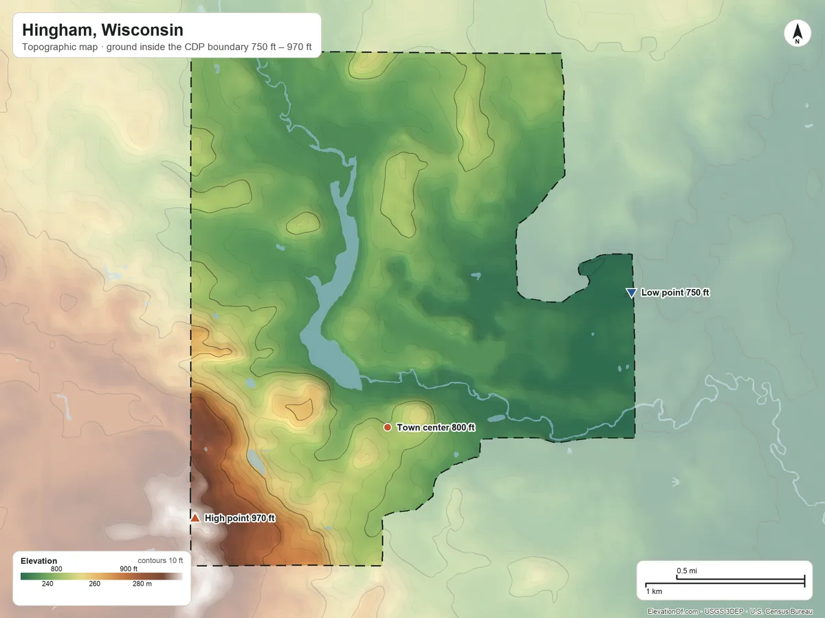 Topographic elevation map of Hingham, Wisconsin, shaded from 750 ft on the northeast side to 970 ft on the southwest side